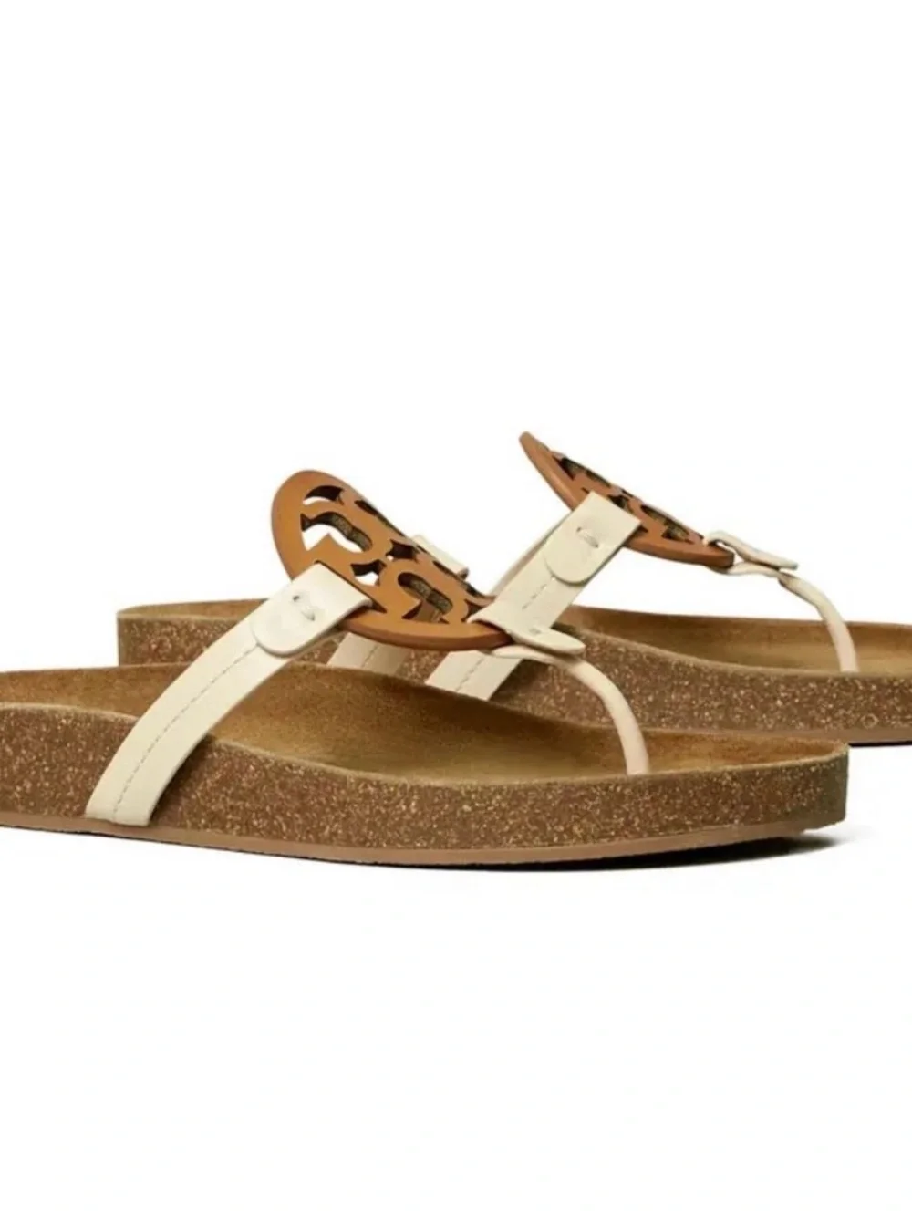 Tory Burch Cream Leather Sandal with Caramel Logo Medallion Size 7